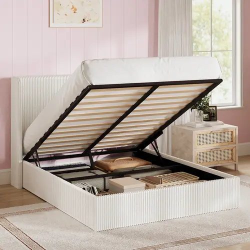 SHA CERLIN Corduroy Upholstered Lift-Up Storage Bed Frame, Hydraulic Gas Lift Platform Bed with Wingback Headboard, No Box Spring Needed, Queen Bed Frame,dorm essentials,home decor