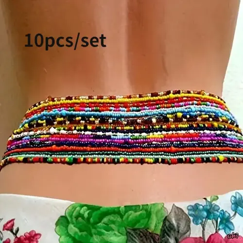 Women's 10-Piece Handmade Bohemian Waist Beads, Colorful Multi-Layer Vintage Ethnic Body Jewelry, DIY Bag Accessory for Beach Party, Vacation