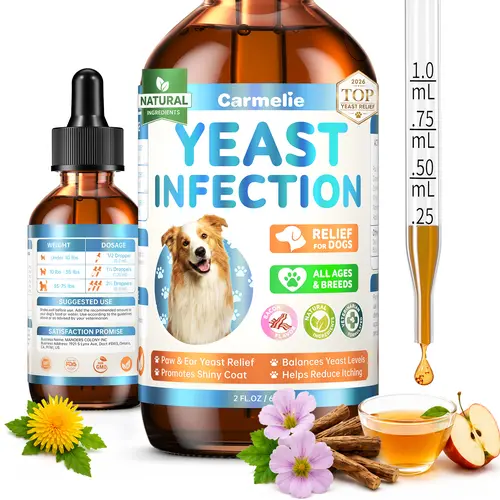 Carmelie Botanical Plant-Based Yeast Infection Treatment Drops for All Dogs (All Sizes, Ages) - Fast Absorb, Allergy Relief, Ear/Paw/Skin Care, Itch Relief, Skin & Coat Support, Bacon Flavor, 60ml, Daily Use