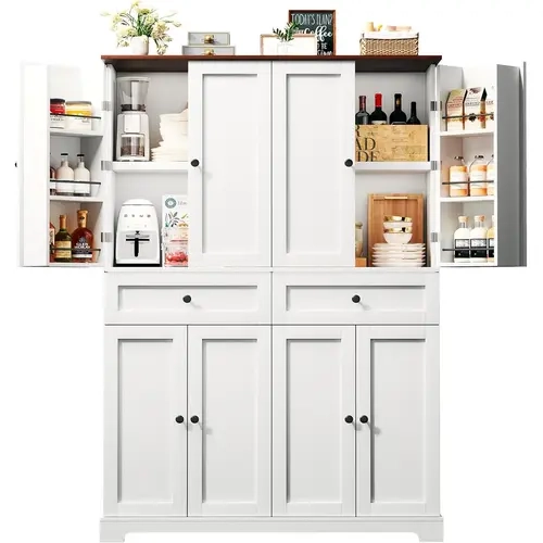 71" Kitchen Pantry Cabinet with 6 Door Shelves, Tall Pantry Storage Cabinet with 8 Doors & 4 Adjustable Shelves, Modern Kitchen Pantry with 2 Large Drawers for Dining Room, Living Room, White