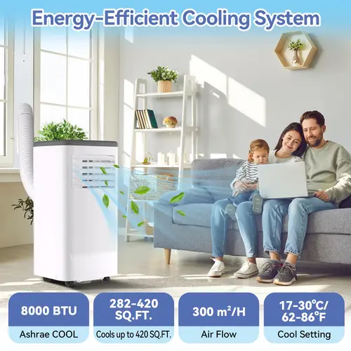 Garvee 8,000 BTU Portable Air Conditioner – 3-in-1 AC/Dehumidifier/Fan, Sleep Mode, 24H Timer, <51dB, Remote, LED Display, Auto Swing, Window Kit, Up to 420 sq ft