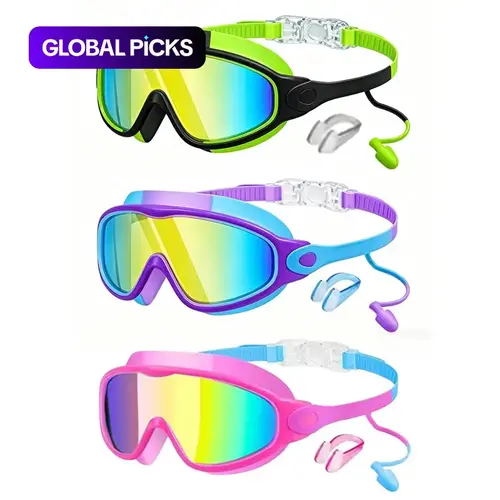 3-Pack Kids Swimming Goggles, Swim Goggles Set, Anti-Fog UV-Protection Outdoor Sports Goggles with Adjustable Comfort, Large-Frame Wide-Vision Pool Goggles Fit for Ages 3–15 Swimming Accessories #GLOBAL PICKS