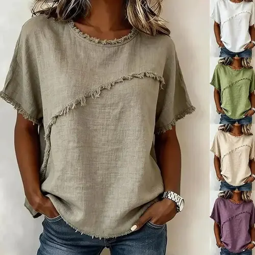 Women’s Crew Neck Short Sleeve Blouse, Loose Raw Edge Panel Summer Top, Casual Lightweight Shirt for Streetwear, Shopping & Daily Outfits