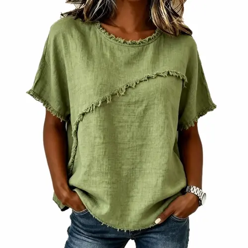 Women’s Crew Neck Short Sleeve Blouse, Loose Raw Edge Panel Summer Top, Casual Lightweight Shirt for Streetwear, Shopping & Daily Outfits