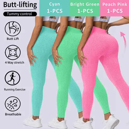 Fashion Candy Colors Women High-Waisted Butt-Lifting Tummy-Control Leggings, Soft Comfortable Breathable Elastic Ribbed Texture Sport Pants, Gym Workout Yoga Fitness Leggings, Suitable For Casual and Versatile Styles, Everyday Wear Must-Have For Wardrobe