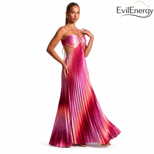 EvilEnergy Women's Halter Cutout Ombre Pleated Maxi Dress - Satin Party Vacation Gown