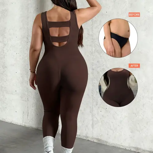 Plus Size U-Neck Hollow Out Back Stretchy Sports Jumpsuit for Women, High Stretch Breathable Fitness Wear Workout Jumpsuits, Ideal for Yoga, Gym, Daily Use