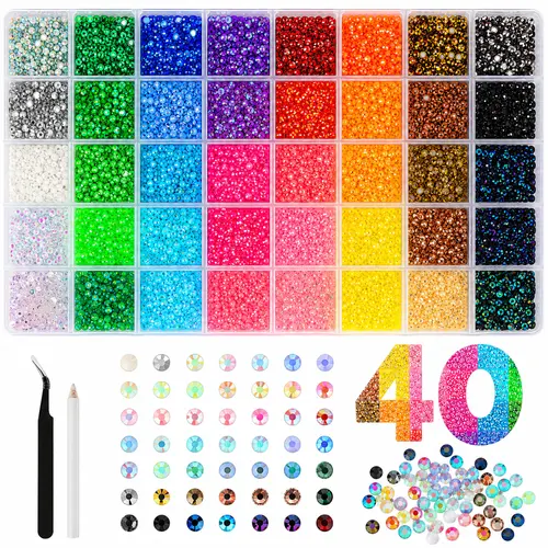 40000Pcs Flatback Rhinestones Bedazzling Kit, 3mm AB Coated Resin Gems in 40 Vibrant Colors for Nail Art Design & DIY Crafts, Diy Bedazzling Rhinestones, Bling Rhinestone Kit, 40 Colors-40000Pcs
