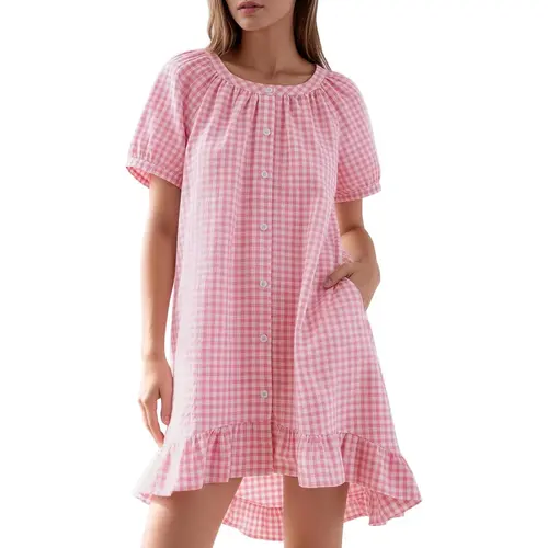 Women's Gingham Checkered Short-Sleeve Button-Neck Soft Cotton Nightgown - Sleep House Dress with Side Pockets, Summer Ruffled Breathable Casual Loungewear Sleepwear