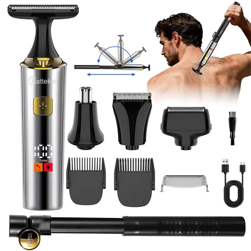 Hatteker 4-in-1 Adjustable Cordless Electric Men's Foil Shaver & Body Trimmer Kit with Extendable Auxiliary Arm, Nose Trimmer, Dual-Speed Mode, Waterproof Full-Body Care Groomer