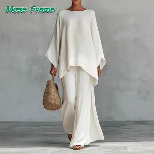 Women's Minimalist 2-Piece Set,Images are for reference only. Linen-Blend Loose Button-Down Shirt and Wide-Leg Pants Casual Outfit, Women's Clothes, Two Piece Set
