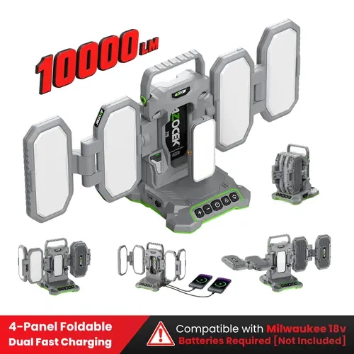 Azocek Portable LED Camping Light for Night Work & Mechanic, 10000LM 4-Panel Foldable Work Light Compatible with Milwaukee 18V Battery, Magnetic Mini Light [Battery Not Included]