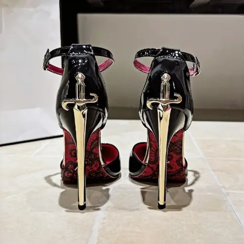 Women Hot Pink Patent Leather Stiletto Heels Sword Shaped Metal Heel Ankle Strap Buckle Pointed Toe Party Pumps
