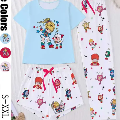 3-Piece Cartoon Print Women's Pajama Set, Short Sleeve Round Neck Top, Elastic Shorts and Pants, Elegant Daily Wear, Holiday Party, Loungewear, Nightwear, Chic, Sleepwear Sets