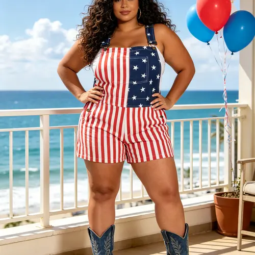 Yuanbang Women's Plus Size American Retro Overalls Shorts - Sleeveless, Fitted, Sexy Stretchy Denim Romper, 4th of July USA Flag Stripe Design, Patriotic Memorial Day Workwear Gift for Mom, Summer Curvy Jumpsuits
