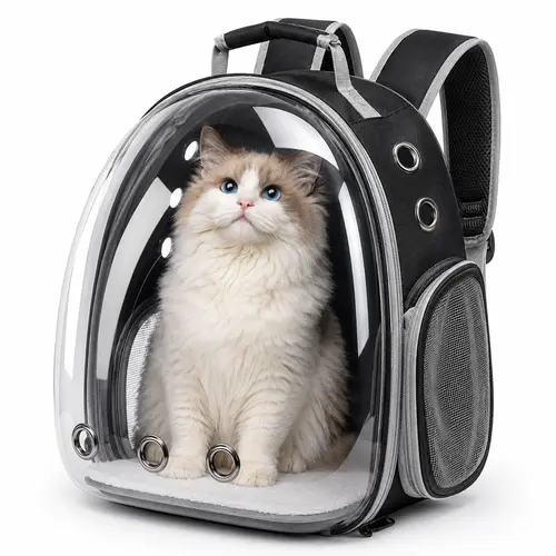 Airline-Approved Bubble Cat Backpack Carrier - Padded Straps, Free Toy Ball or Collar, for Small-Medium Cats & Outside Hiking Dogs, Black