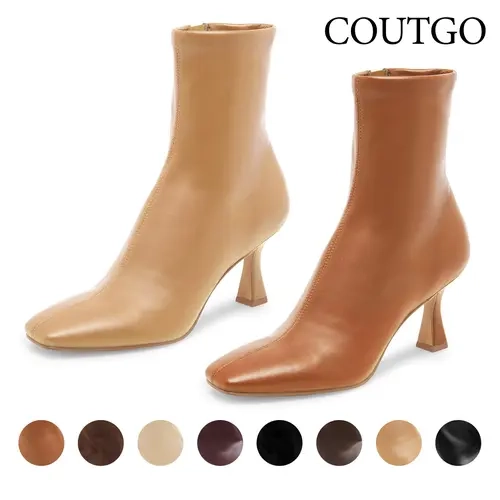 Coutgo Women's Kitten Heel Ankle Boots, Dressy Square Toe Shoe with Cushioned Fabric Insole and Side Zipper, Rubber, Casual Wear, Basic, Plain, Synthetic, Flexible, Pu, Footwear, Ankle Height tiktokshopbacktoschool,back to school,back to school haul