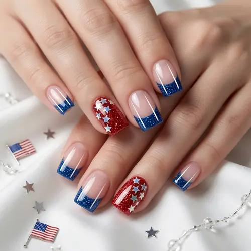 24Pcs Short Ice Candy Apple Press On Nails, Glossy Glitter American Flag Nail Art, Trendy Independence Day False Nails for Women Girls