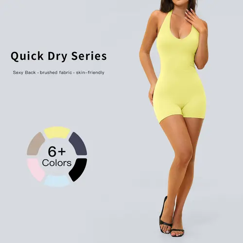 TENWOLF Women's Halter V-Neck Romper, Stretchy Shaping Yoga Jumpsuit with Slim-Fitting Butt-Lifting Shorts for Workouts, Stretchy Sports Outfit, Activewear Jumpsuit, Gym, Rompers For Women, Female, Sportswear Jumpsuits, Training Jumpsuit