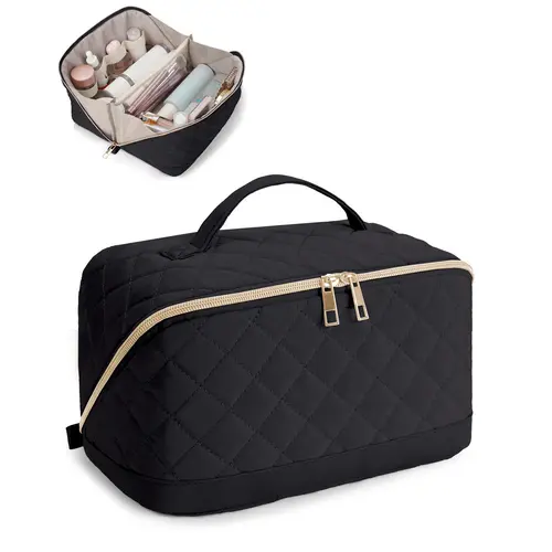 Wandering Nature Travel Makeup Bag,Travel Make up Bag with Large Capacity,Quilted Makeup Organizer Bag, Open Flat Travel Toiletry Bag for Women Cosmetic Bag with Divider and Handle,Patent Pending,back to school,back to school haul