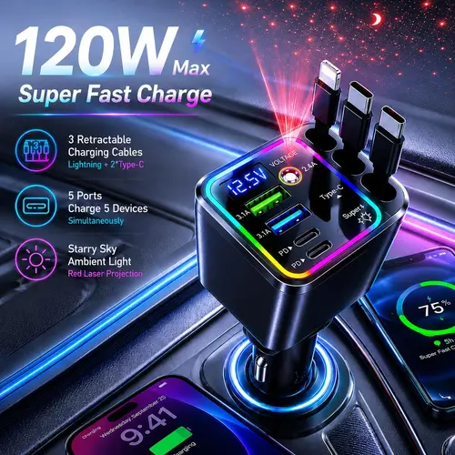 120W Max Multi-Port Car Charger Block - High-Speed Fast Charger with PD20W USB-A 65W, Tangle-Free Retractable Type-C/USB-A Cables, Starry LED 1-Click Galaxy Projector for Phones Pads Laptops, Car Accessories