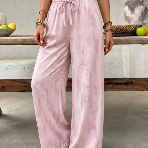Women’s soft satin ink wash wide leg pants with a drawstring elastic waistband; lightweight and comfortable—ideal for everyday summer wear, shopping, and casual vacations.