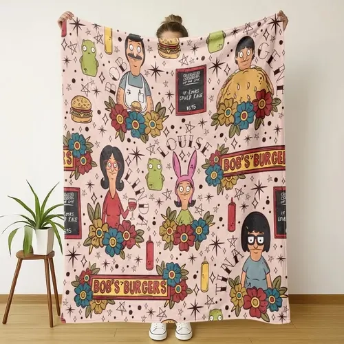 Bob's Burgers Cartoon Printed Flannel Blanket (40x50in) - Retro Tattoo-Style Family & Floral Full Print, Light Soft Wrinkle-Resistant Anti-Pilling Fade-Resistant Throw, All Seasons Blanket for Bed, Camping Indoor Sofa Decor
