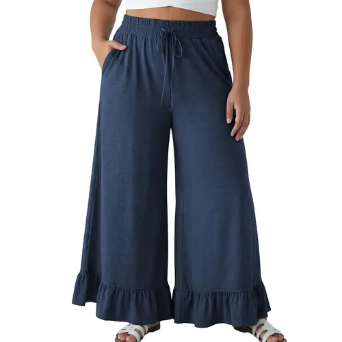 Eytino Womens Plus Size Wide Leg Pants Casual Elastic High Waisted Drawstring Ruffle Hem Palazzo Pants with Pockets(1X-5X)