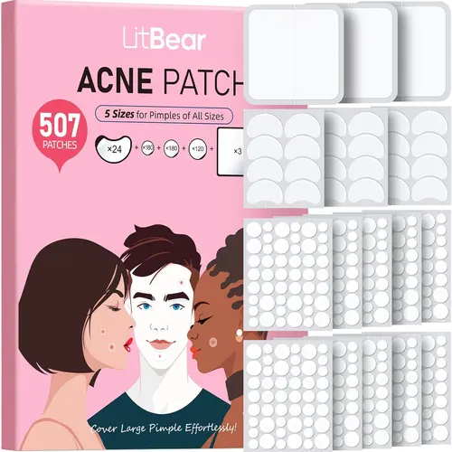 LitBear Pimple Patches, 507 Patches 5 Sizes Large Pimple Patch, Largepatch Hydrocolloid Bandages, Zit Stickers for Forehead, Nose, Body, Back, and Chest Zitsticker Pack, Mothers Day Gift,,travel essentials