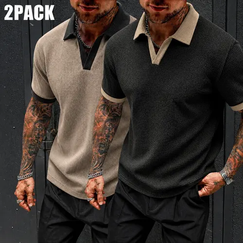 Men's Waffle Knit Polo Shirt 2 Pack, Textured Short Sleeve Casual Collared Shirt, Relaxed Summer Top for Weekend Outfits, Vacation Looks, Daily Wear, Clean Fit Styling, Modern Preppy Menswear, Gift Ready