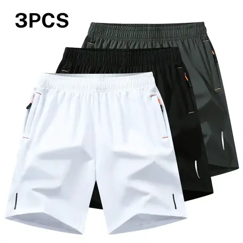 Male 3-Pack Active Gym Shorts, Solid Color, Breathable Quick-Dry Fabric, Zippered Pockets, Elastic Drawstring Waist, Machine Washable for Fitness, Running