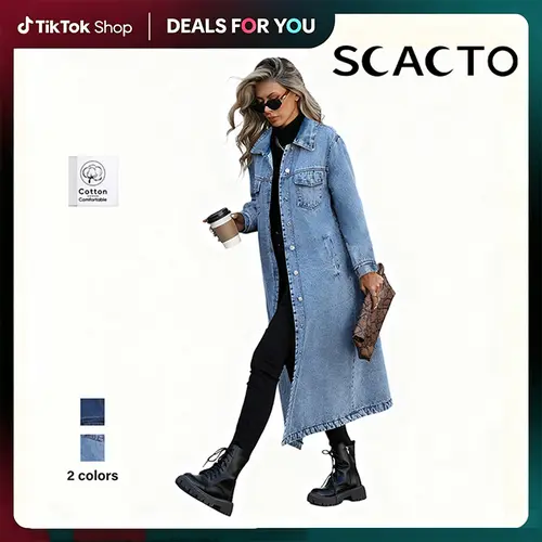 [Pre-Order] SCACTO Women's Collared Button-Front Cotton-Blend Denim Trench Coat - Long Sleeve, Elevated Style Outerwear, Standard Sizes Including 2XL for Casual Outfits & Everyday Use