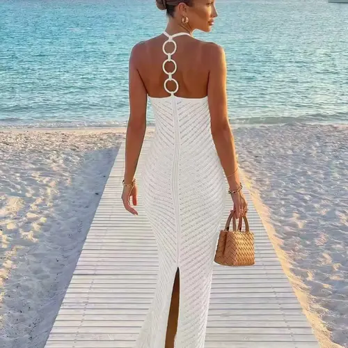 Women's Summer Solid Color Long Sleeveless Back Split Slit Dress, Elegant Chic Fashionable Back Ring Design, Slimming Shoulder Strap Dress, Easter Beach Vacation Style Ladies