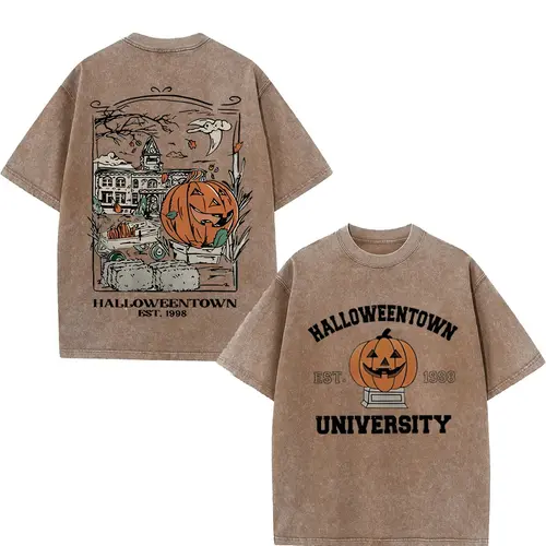 Vintage Halloweentown University Est 1998 T‑Shirt, Pumpkin Spooky Town Washed Black Cotton Oversized Short Sleeve Tee, Retro Halloween Movie Casual Crewneck Shirt with Front & Back Print