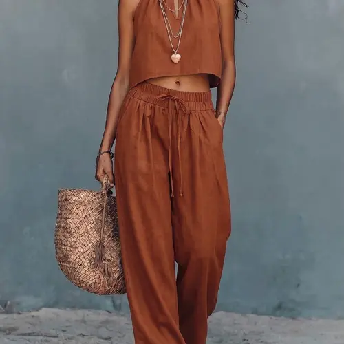 2026 Summer New Women's Two-Piece Set, Caramel Color Vacation Casual Style, Crop Neck Sleeveless Top + Loose Long Pants, Fashionable Clothes
