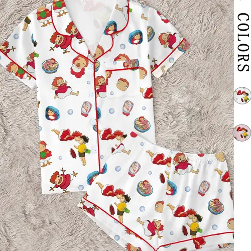 Ultimate Kawaii Anime Inspired Summer Short Sleeve Button Pajama Set | Cute Cartoon Fish Girl 2-Piece Loungewear Sleepwear for Women