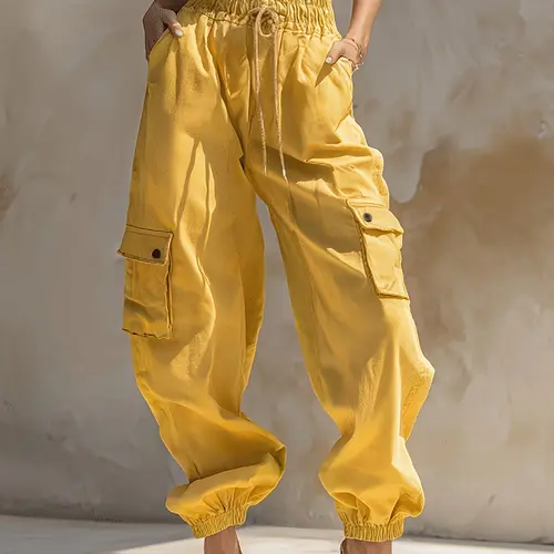 New Summer Lightweight High-Waisted Adjustable Drawstring Cargo Bottom, Casual Versatile Long Pants for Women, Comfortable and Stylish Everyday Wear, Yellow