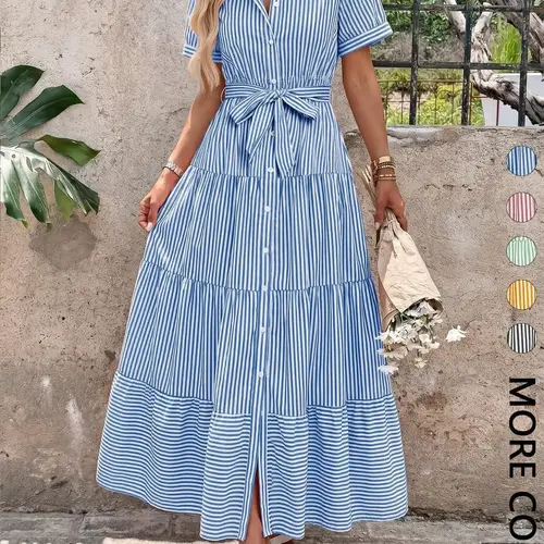 Women's Striped Short Sleeve Long Summer Dress, Elegant Fitted Casual Shirt Style, Perfect for Daily Wear, Vacation, Beach & Outdoor Activities, Beach Holiday Dresses