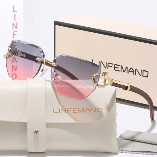 Women's Uv400 Sunglasses Frameless Gradient Design, Leopard Head Metal Decoration, Imitated Wood Texture Legs, Fashionable Sun Protection Glasses, UV Blocking Sunglasses, Sun Protective Sunglasses, Summer Sunglasses, Stylish Sunglasses