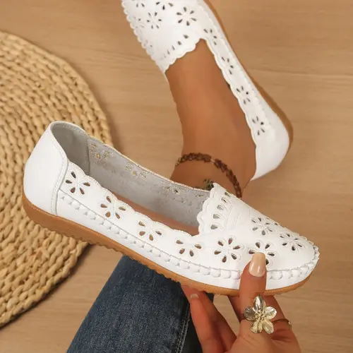 Goreyodoly Womens Wide Fit Round Toe Casual Slip On Flats, Breathable Slip Ons, Hollow Floral Lightweight Comfortable Walking Shoes All Season Office Travel Commuting Home Wear Soft Cushioned Insole Rubber Slip Resistant Durable Versatile Footwear