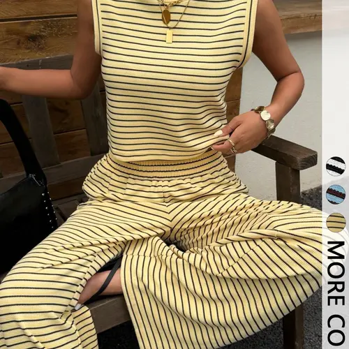 Summer Striped Two-Piece Set, Loose Round Neck Sleeveless Tank Top, Elastic Waist Vacation, Comfortable Home Wear, Casual Chic Set