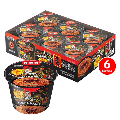 [Paldo Official] King Size Ambient Boxed Cheese Fire Chicken Cup Noodles - Extra Spicy Dry Stir-Fried Chewy Korean No-Soup Ramen with Eggs, 6-Pack 3.70 oz (105g), Cholesterol Free, Contains Wheat, Easy On-The-Go Meal for Late-Night Cravings, No-Rinse