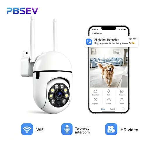 PBSEV Adjustable 1080P Pan-Tilt Home Security Camera - AI Human Detection, Color Night Vision, 2-Way Audio, Bluetooth, Wi-Fi, 9.9 ft Power Cable, Automatic 24/7 Continuous Recording, for Home & Pet Monitoring, Connection, Security Cameras For Home, Wifi I