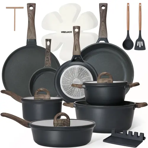 USELUCK 22-Piece Creamy White Granite Ceramic Nonstick Cookware Set with Glass Lids, Non-Toxic PFOA/PFOS-Free Pots and Pans Set, Induction Compatible Bundle, Ceramic Nonstick Cookware Sets