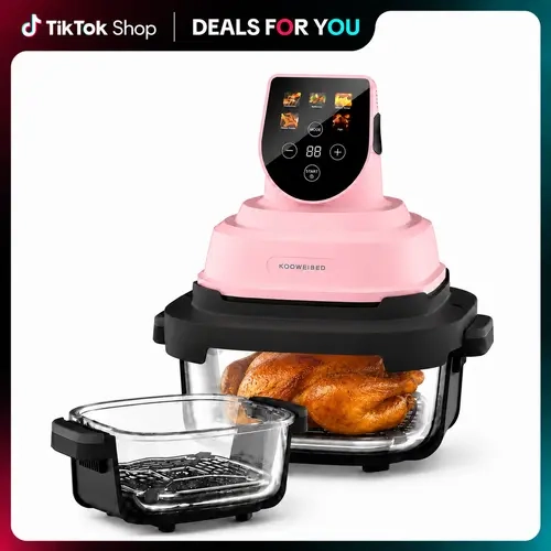 4QT Capacity Corded Glass Air Fryer Multi-Cook System - 5-in-1 1500W Kitchen Appliance, 3-4.99L Non-Toxic Detachable 6-Cup Glass Pot, 90% Less Oil Fast Cooking Countertop Fryer, Dishwasher Safe Compact Model for Family Use Snacks
