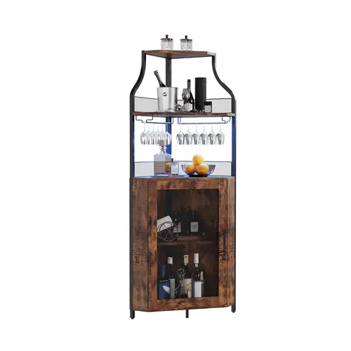 Freestanding Corner Bar Cabinet with RGB LED Display Lights, L-Shaped Liquor Storage Sideboard with Wine Rack & Glass Holder. 5-Tier Industrial Buffet Furniture, Mesh Doors & Adjustable Shelves for Home Kitchen, Dining Room or Small Spaces