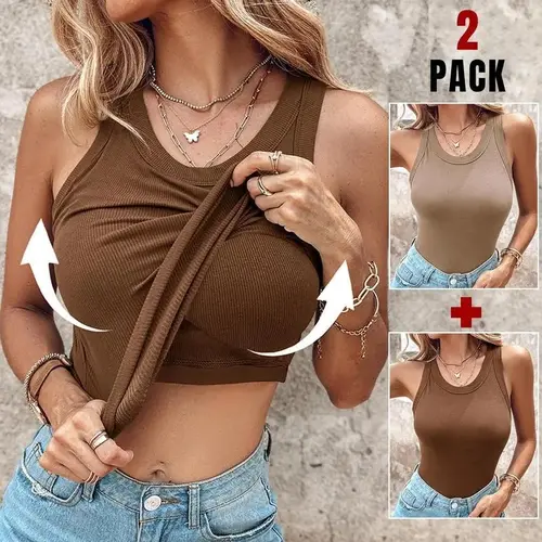 EssElegance 1/2PCS Ribbed Workout Tank Tops Women Built-in Bra Racerback Scoop Neck Athletic Yoga Top Slim Fit Seamless Activewear Summer Gym Fitness Camisole