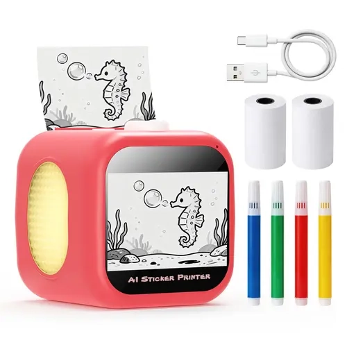FUNNYPANDA  AI Voice Recognition Sticker Printer for Kids Age 3+, Portable Size Thermal Inkless Screen-Free Printer with Power Adapter, 2 BPA/BPS-Free Paper Rolls, 4 Colored Pencils, Kid-Safe, No App Needed, FCC ID Certified, Summerwins