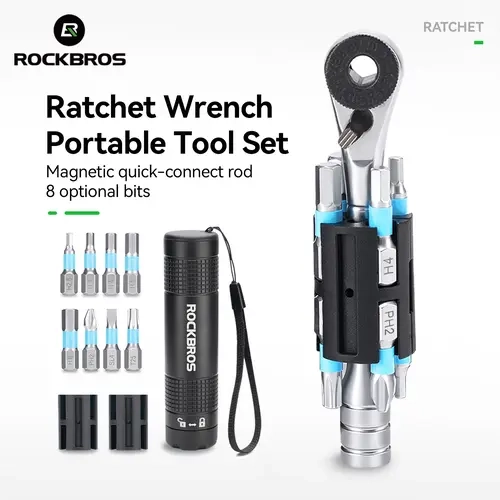 ROCKBROS S2 Alloy 1/4" Drive Ratchet Handle 72-Tooth Compact Bike Repair Kit with 8 Bits