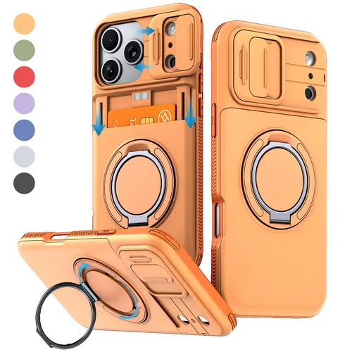 Shockproof Smartphone Case for iPhone 17 Pro Max, 16, 15, 14, 13 - Handheld Cellphone Cover with Slide Camera Cover, Rotatable Ring Holder Kickstand, Hidden Dual-Layer Card Slot & Magnetic Wallet Protection for Devices, Casing